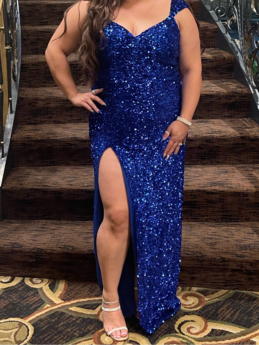 Portia and Scarlett Royal Blue Sequin Slit Gown